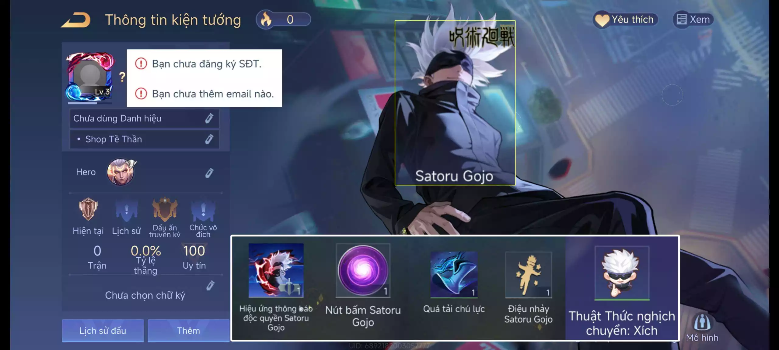 TẶNG ACC REG: Tulen Gojo full phụ kiện, trắng thông tin, sẵn tướng, free đổi tên, bảo hành đầy đủ